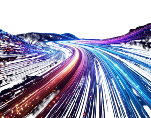 A winding road of light trails, rendered in vibrant shades of blue, purple, and orange