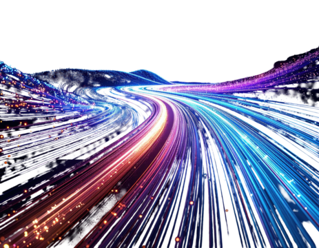 A winding road of light trails, rendered in vibrant shades of blue, purple, and orange