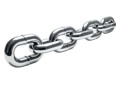 Close-up of a shiny, metallic chain link section with a dark, blurred background