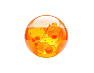 A spherical shape, a translucent orange liquid sphere, bubbles are afloat within it, floating against a black background