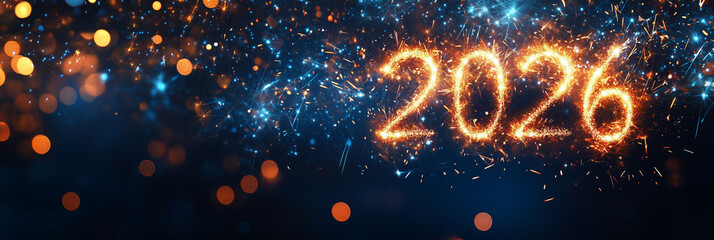 2026 Happy New Year deign with blue and gold sparkles and copy space