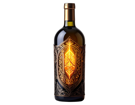 Wine bottle with ornate, gold label, glowing center element against a stark black background