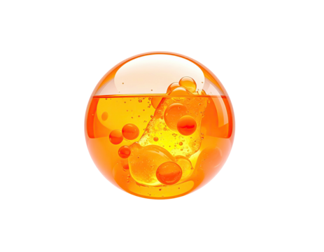 A spherical shape, a translucent orange liquid sphere, bubbles are afloat within it, floating against a black background