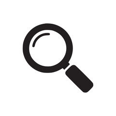 A simple black magnifying glass icon on a white background used for search and investigation themes