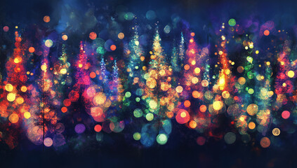 Magical, colorful forest with trees and glowing lights