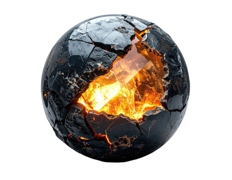 A spherical object fracturing open, exposing molten, fiery core against a black background - Powered by Adobe