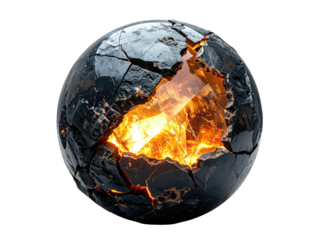 A spherical object fracturing open, exposing molten, fiery core against a black background