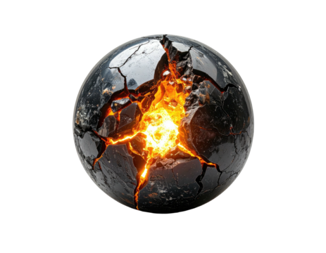 A fragmented sphere filled with fiery magma, set against a stark black backdrop