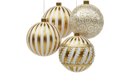 Elegant gold christmas ornaments decoration isolated on transparent background