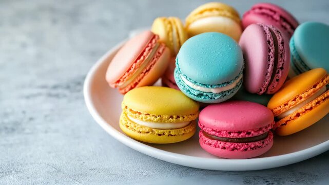 Close-up of vibrant French macarons in pink, yellow, blue, orange, and purple colors with creamy filling, arranged on a white plate. Tasty and elegant dessert. Colorful sweets.