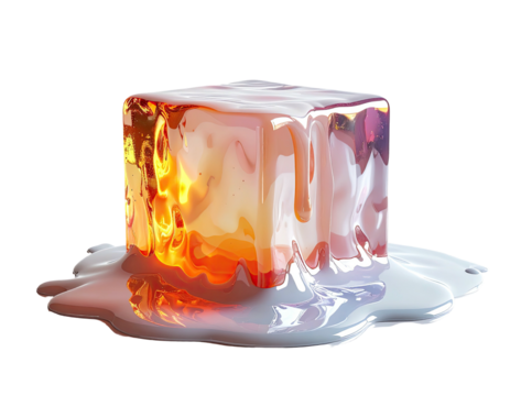 Glossy, cubic object, melting with dripping liquid and vibrant hues on a dark backdrop