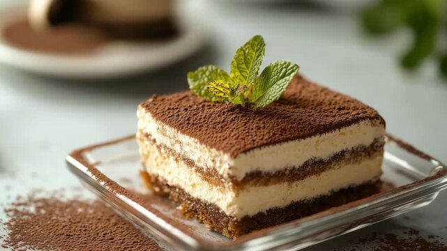 Close-up of a tiramisu slice with creamy mascarpone layers and cocoa powder topping, garnished with mint leaves on a glass plate. Rich Italian dessert. Sweet and elegant.