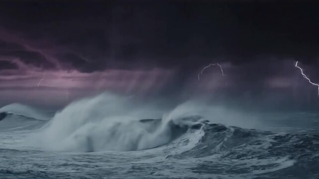 Dynamic close up on the colossal, frothing whitecaps of immense ocean waves as they violently collide and break during a fierce tempest. Wide shot, tracking, or static