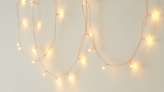 String lights glowing warmly against a white wall create cozy ambiance lighting