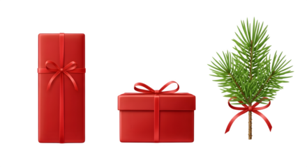 Three red christmas gifts and tree isolated on transparent background