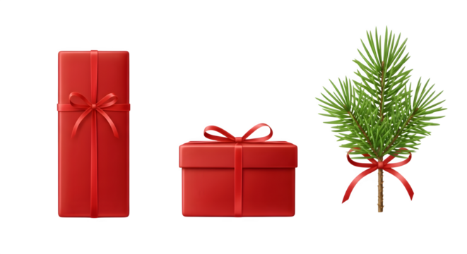 Three red christmas gifts and tree isolated on transparent background