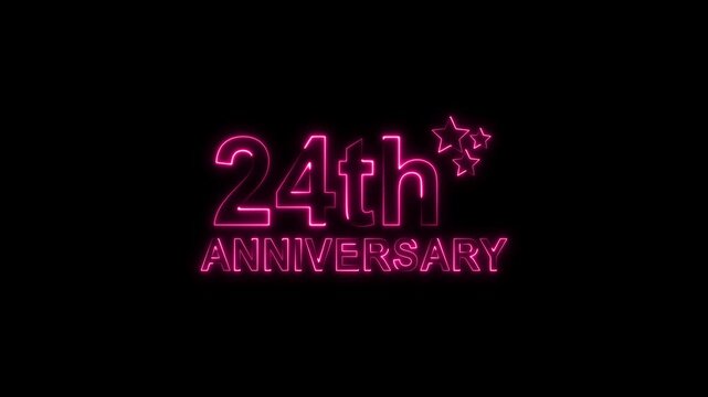 Celebrate 24th anniversary with glowing pink neon text and sparkling stars on a black backdrop, perfect for invitations, cards, and social media posts, evoking joy and milestone achievement