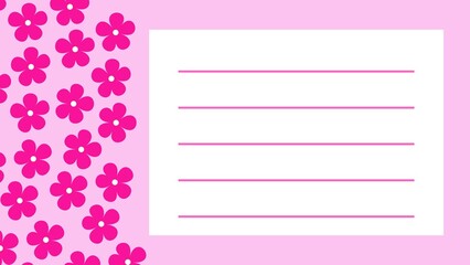 Pink Floral Notebook Page with Decorative Flowers and Writing Lines
A soft pink notebook page design featuring decorative pink flowers arranged along the border and clean writing lines in the center.