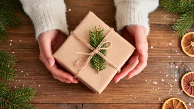 Top view of hands holding a Christmas gift wrapped in brown paper with jute rope and fir branch, surrounded by spruce twigs and dried orange slices. Warm holiday atmosphere.