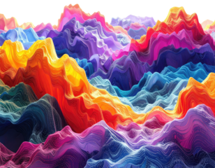 A vibrant abstract artwork featuring colorful, layered, and undulating wave-like formations