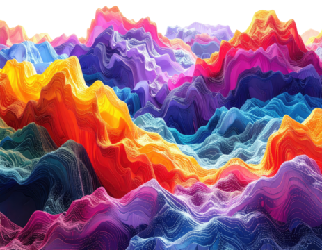 A vibrant abstract artwork featuring colorful, layered, and undulating wave-like formations