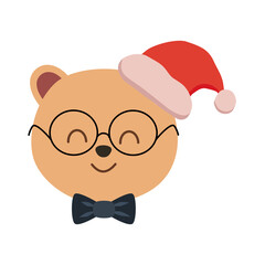 Cute Christmas animal character design illustration of a bear. Christmas decoration for party, wrapping paper, background, fabric, greeting card.