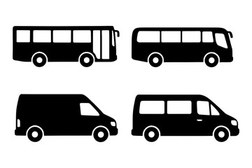 Silhouette set of buses and vans in various shapes and styles.