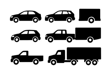 Silhouette set of various vehicles: cars, suvs, and trucks in black.