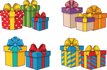 Gift box illustration, colorful present, festive packaging, decorative bow, birthday celebration, holiday gift, Christmas present, surprise box, party decoration, anniversary, celebration vector