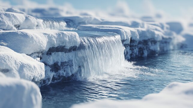 A cascading waterfall of clear water flows gently over smooth ice formations in a winter landscape. The frozen surroundings complement the beautiful waterfall, creating a serene se