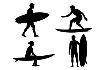 Silhouettes of male and female surfers with surfboards in various poses.