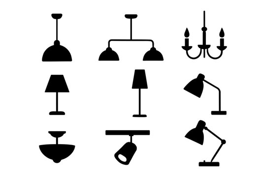 Collection of various lamp and chandelier silhouettes in black.