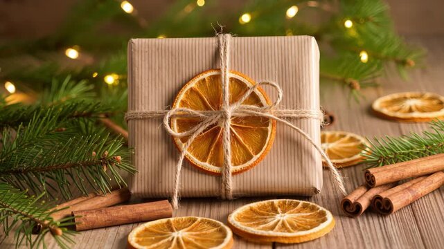 Close-up of eco-friendly Christmas present decorated with dried orange and jute rope on wooden surface with pine needles and cinnamon. Warm seasonal atmosphere. Handmade vibe.