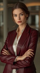 Smiling young brunette businesswoman in a fashion suit, one person portrait