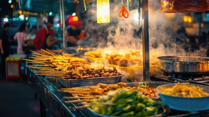 Street food in Asia, night market, vibrant colors -