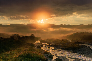 白馬の松川の秋の朝焼け