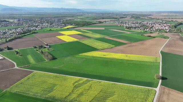 Aerial view of vibrant green and yellow patchwork fields, juxtaposed with earthy brown tones, creating a rich agricultural tapestry, Wittenheim, Grand Est, France.