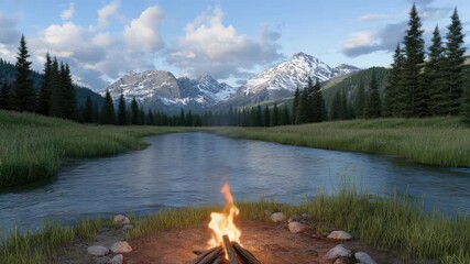 Enjoy the calming view of a campfire by a river, with mountains towering in the background and lush greenery all around