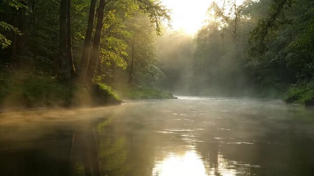 Ethereal mist rising from a tranquil river at sunrise, capturing the soft, golden light filtering through a dense, untouched forest canopy. Wide, static shot from the riverbank, emphasizing the?
