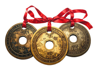 Three antique Chinese coins tied with a red ribbon against a black backdrop, symbolizing wealth and luck