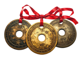 Three antique Chinese coins tied with a red ribbon against a black backdrop, symbolizing wealth and luck