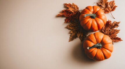Thanksgiving autumn composition with orange pumpkins, dry leaves on beige background, fall harvest festival, cozy seasonal decor, traditional autumn holiday, warm color palette, festive autumnal scene
