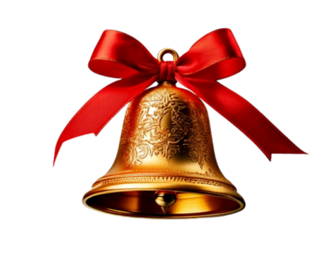 Elegant Christmas Bell Hanging with Red Ribbon and Subtle Light Reflections, Provided as a Transparent PNG in Photorealistic 8K for Holiday Marketing, Product Packaging, and Festive Creative Design