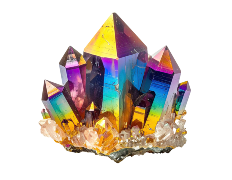 A cluster of polished crystal shards refracting vibrant light on a black background