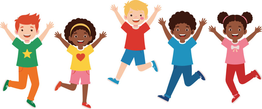 Happy children jumping, diverse kids illustration, joyful cartoon characters, multicultural group of boys and girls, smiling faces, playful childhood, friendship, unity, fun