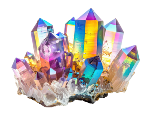 A stunning cluster of crystals exhibiting a dazzling array of rainbow iridescent colors