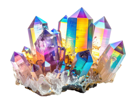 A stunning cluster of crystals exhibiting a dazzling array of rainbow iridescent colors