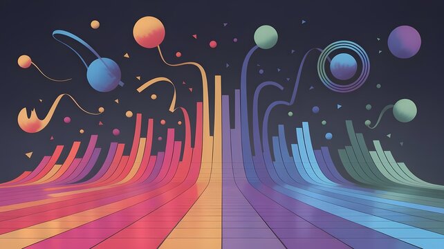 A vibrant cosmic landscape of colorful waves and floating spheres creates a dynamic, futuristic abstract scene.