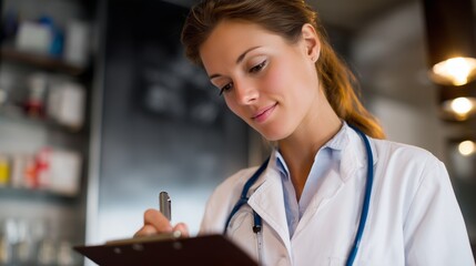 A dedicated woman physician is diligently recording details on a clipboard while examining medical information. The woman's attention and focus on the clipboard reflect her commitm