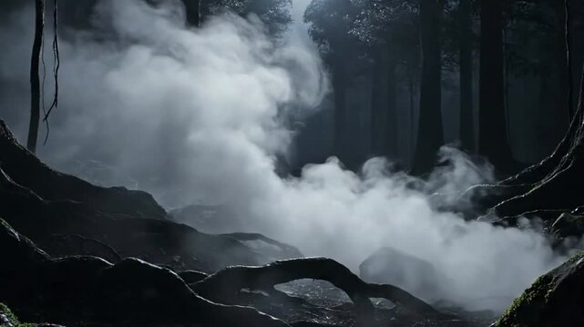 Ethereal white smoke gently rising from a volcanic vent in a desolate, rocky landscape, illuminated by a soft, diffused light, highlighting the raw power of nature.
